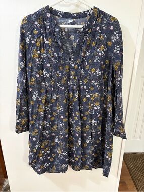 Old Navy Navy Floral Pleated Pintuck Tunic with Mustard & White Accents